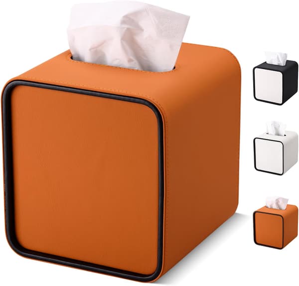 Firkantet læder-servietboks, servietdispenser til kontor, hjem, bil, badeværelse (orange)