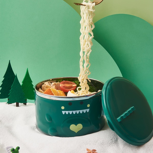 TIMH Cartoon Dinosaur Noodle Bowl Innerskål i rustfritt stål med håndtak og lokk for Home School Green
