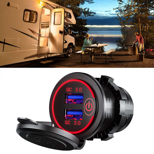 Billader USB Multi Port QC3.0 Hurtigopladning cigarettænder Adapter til RV Skibe Motorcykler Rødt lys