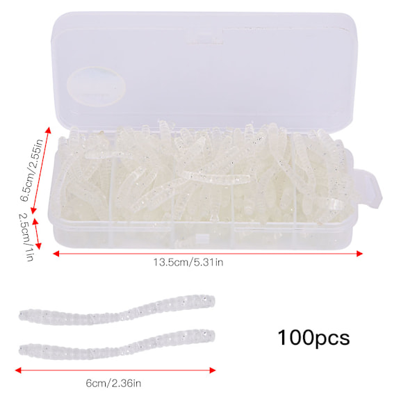 100 st 6cm Silikon Vita Konstgjorda Maskar Jordmaskar Mjuka Fiskebeten Fisketackel Tillbehörssats
