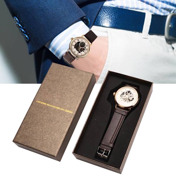 FORSINING Trendig Armbandsur Mekanisk Halvautomatisk Ur med Hål Mönster för Män (Vit Yta, Guldfärgad Kassa)
