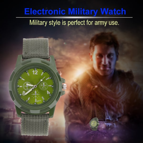 Elektroninen analoginen watch pyöreä nylon sotilaallinen rannekello (armeijanvihreä)-+