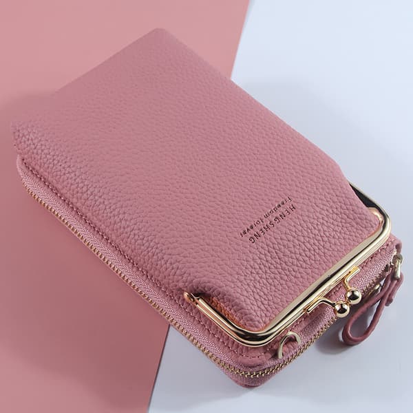 Mobile Phone Case Wallet Card Holder Bag with Shoulder Strap - High Quality light pink