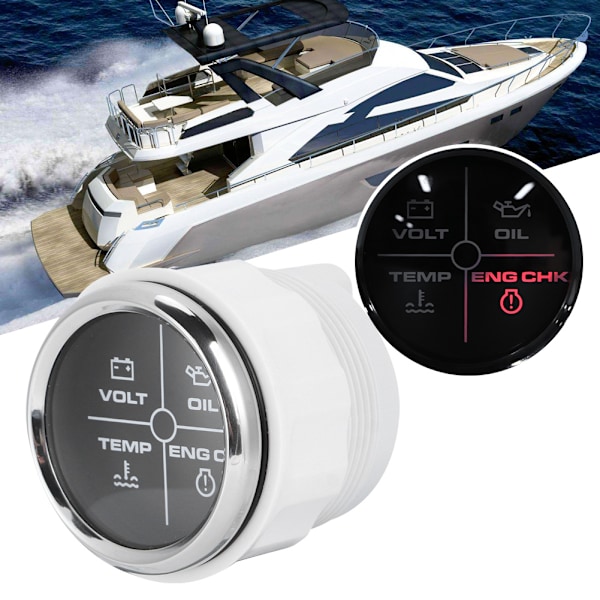 52 mm/2 tommer multifunktions 4LED-alarmindikator Volt Vandtemperatur Olietrykalarmsmåler 12/24V til marinebåd Sort urskive Sølvramme