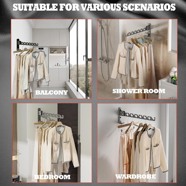 【BEMS】Wall Mounted Clothes Rack Black Drying Rack Clothes Hooks Aluminum Extendable - Black 2-Pack