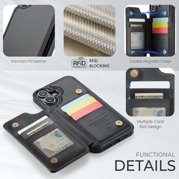 【BEMS】CASEME Kompatibel med iPhone 16 Plus Cover RFID Kickstand Pung Sort 83