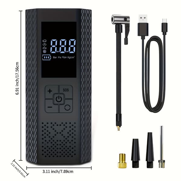 Bärbar luftkompressor, 150PSI med däcktrycksmätare och LED-display, 3 gånger snabbare smart trådlös däckpump med ett tryck, USB-driven, laddningsbar Black