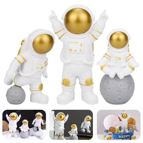 astronaut aerospace planet fly fødselsdagskage dessert dekoration dukke ornamenter tredelt sæt 3-delt kombination guld