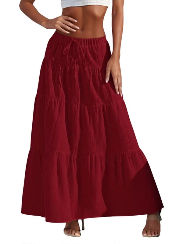 【BEMS】Dame Boho Flowy Maxi Nederdel Flared Flæse Elastik Talje Sommer A-linje Lang Nederdel Vinrød M Wine red M
