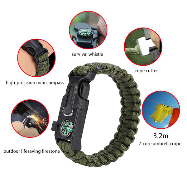 Paracord-selviytymisrannekkeet miehille ja naisille, ulkoilmakäyttöön, rannekkeet, kääre, varjo köysi (armeijan vihreä)