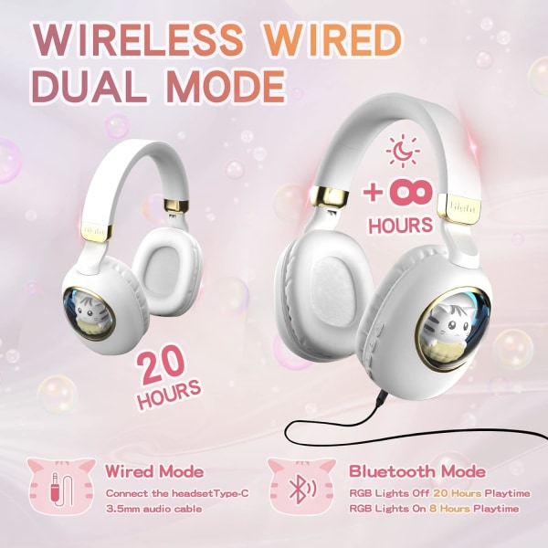 Ny söt tecknad söt Bluetooth headset 5.0 huvudmonterad populär självlysande docka - rosa