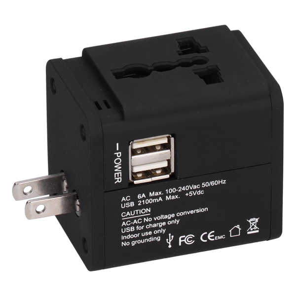 Worldwide Travel Adapter Intelligent Power Converter Plug UK EU US JP AU CN USB Port 100‑240V Svart/