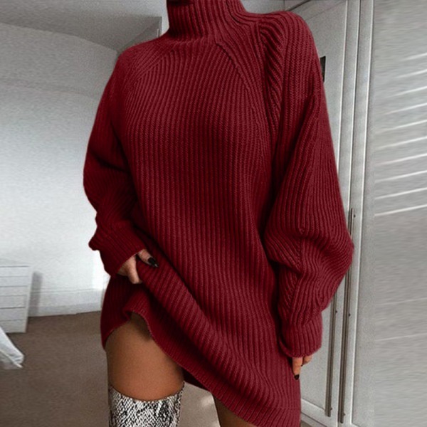 BE-Womens sweaterkjole rullekrave kabelstrik Plus Size fest sexet minikjole Wine red XXXL