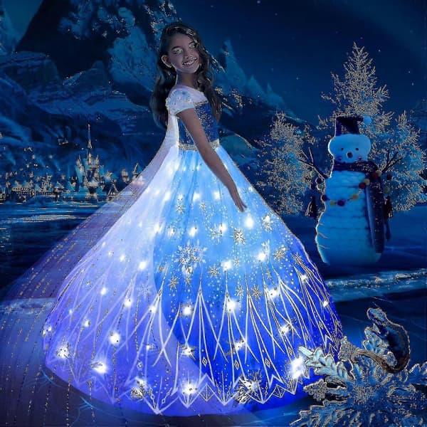 Anna Elsa LED-glödande klänning för flickor, julrollspelsklänning, snödrottning-karnevalbalklänning Set A 7-8 (140)