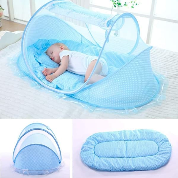 Bærbart, foldbart baby-sengennet i polyester, rejseseng til nyfødte (himmelblå)