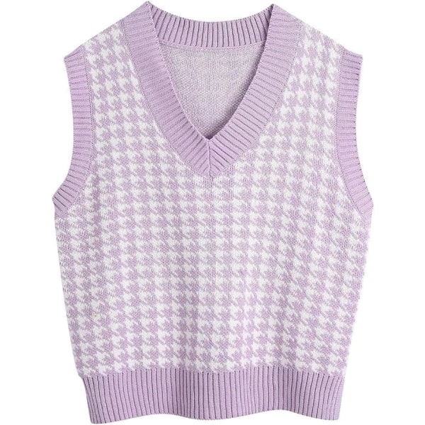BE-Houndstooth-mønster for kvinner, strikket genservest, ermeløs, løs V-hals 90-tallsvest genser strikket topp Purple L