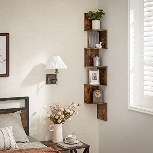 【BEMS】Vasagle Corner Shelf, Wall Shelf, 5 Tiers, Zigzag Floating Shelf, Bookshelf, Brown 4.5