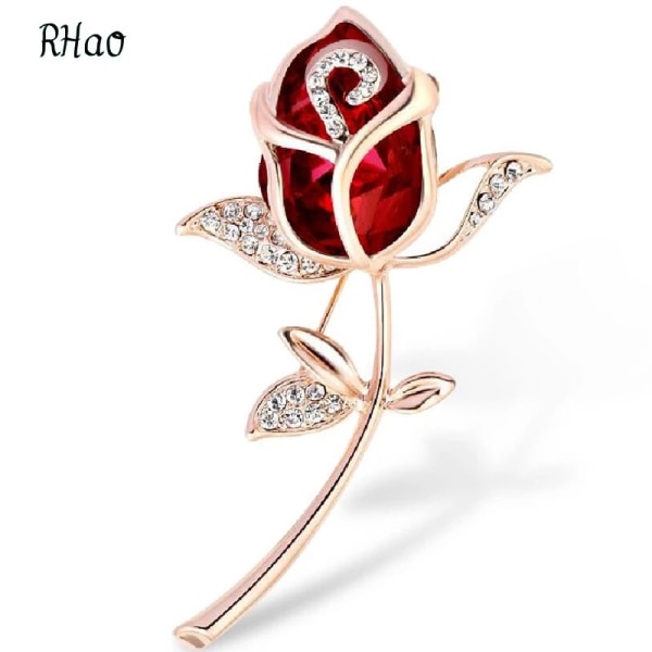 Damebroche i form af en rose med krystaller og RØD Ston