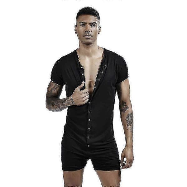 Herr Kortärmad Onesie Button Down Jumpsuit Pyjamas Stretchig Träningsoverall BLACK M