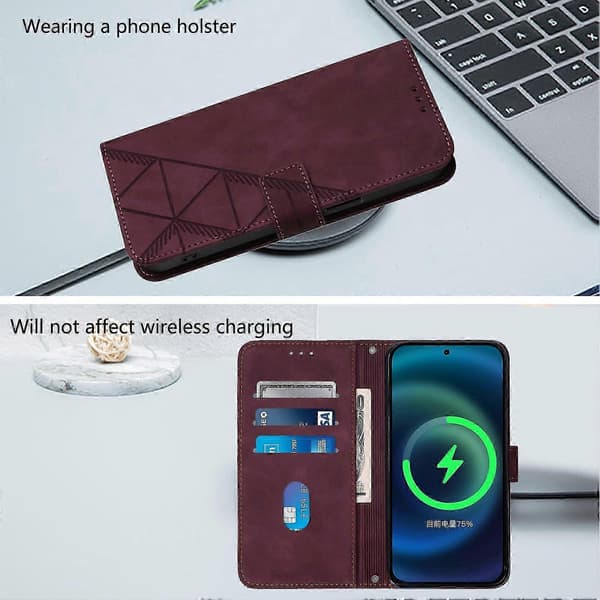 Doogee N55 Plus plånboksfodral, 3D-präglat fällfodral med kortfack, magnetspänne och handledsrem wine