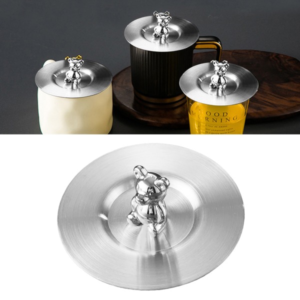 TIMH Cute Bear Cup cover i rostfritt stål Dammtät rundade kanter blank yta Konstnärlig kopp lock för mugg Glas kopp Silver