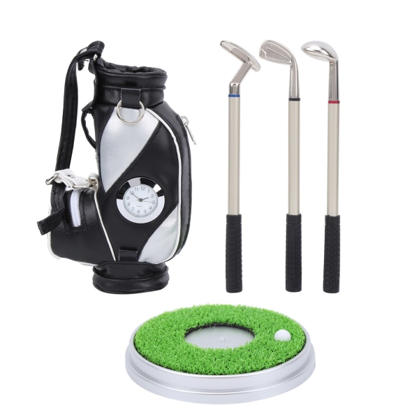 Skrivebords Golf Pensett 3 Kulepenner og Mini Bag Sink Legering Golf Pen Bag med Base Svart Sølv