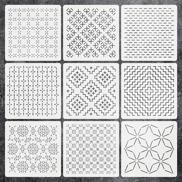 【BEMS】9/32 pcs Sashiko Embroidery Stencil DIY Geometric Patchwork Ste 9Pcs