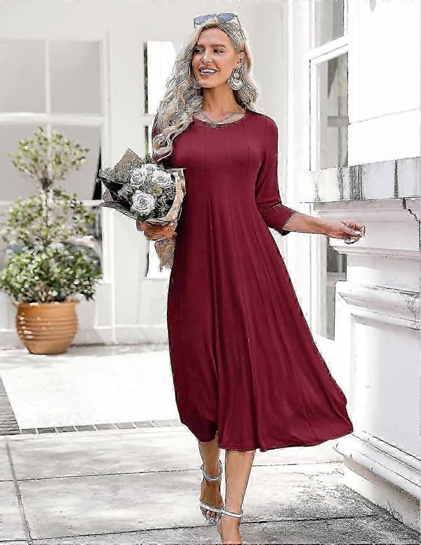 Damekjole med 3/4-ermer og A-linjeform og utsvingt midikjole_ms607d Claret M