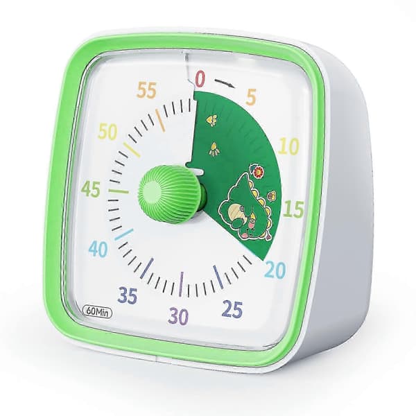 60-minutters visuell timer med nattlys, nedtellingstimer, pomodoro-timer med regnbuemønster, egnet for barn og voksne[BEMS] Green dinosaur
