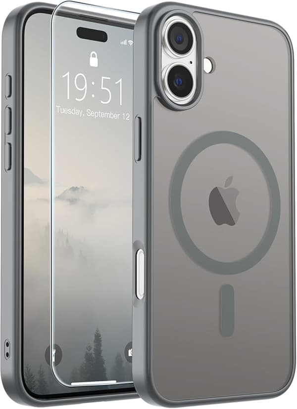 【BEMS】SUPFINE Magnetic Case Compatible with iPhone 16 with Screen Protector, MagSafe Compatible, Military Grade Drop Protection, Matte Shockproof, Grey gray iphone16