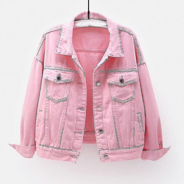 Dame forårs- og efterårsfrakker varm ensfarvet langærmet denimjakke overtøj Pink S