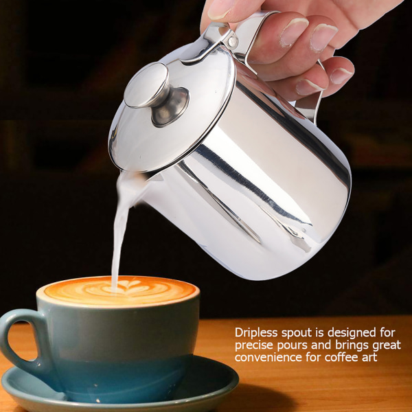 Rustfrit stål kaffekop krus mælkeskummende kande kande med låg til latte kaffekunst (350 ml)/