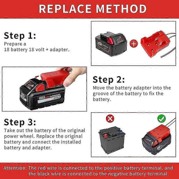 2-pak Power Wheels-adapter kompatibel med Milwaukee M18-batteri 18V, robotdonationsstik Punainen