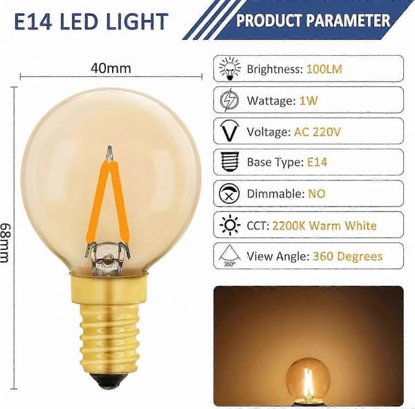 E14 LED-pære 1W, Amber Edison-stil varmhvit 2200K, 6-pakning