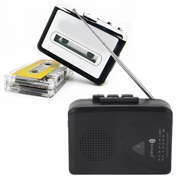 TIMH Bærbar Kassetteafspiller FM AM Radio Stereokassette til MP3 Converter Båndafspiller med 3,5 mm stik og højttaler til Daily Black