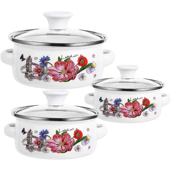 【BEMS】Enamel Cooking Pot Flower Enamel Cookware Pots Double Handle 3pcs