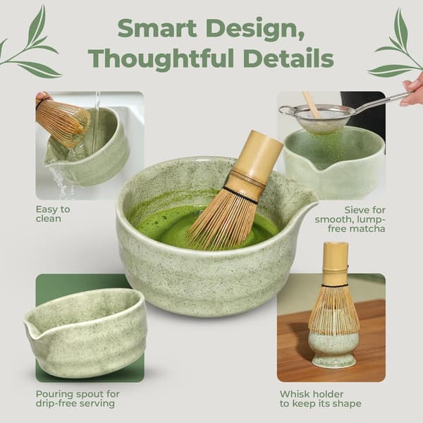 Premium Matcha-set komplett med keramikskål, bambuvisp och hållare, sked, sil och presentask