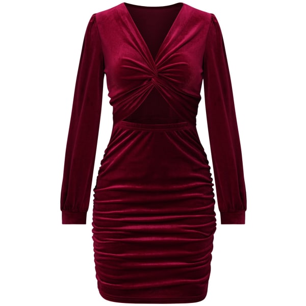 TIMH Naisten lyhyt mekko Twist edessä pitkähihainen V kaula Hengittävä casual syksy lyhyt mekko viininpunainen XL