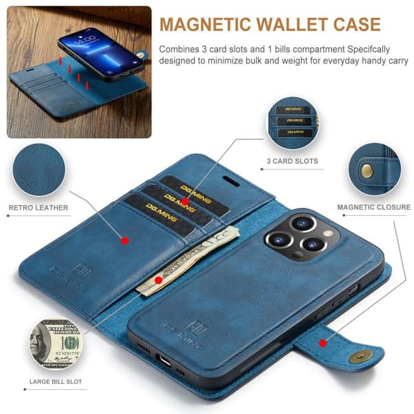 【BEMS】DG MING Kompatibel med iPhone 15 Pro 2-i-1 Magnet Plånboksfodral - Blå Blå blue