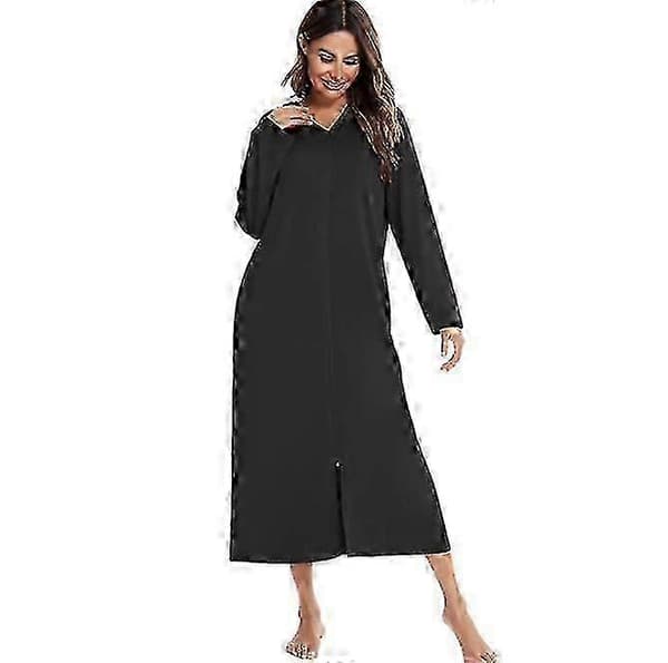 Damebadekåbe med lynlås, sweatshirt, lang, hættekåbe, gulvlang badekåbe med lommer black S