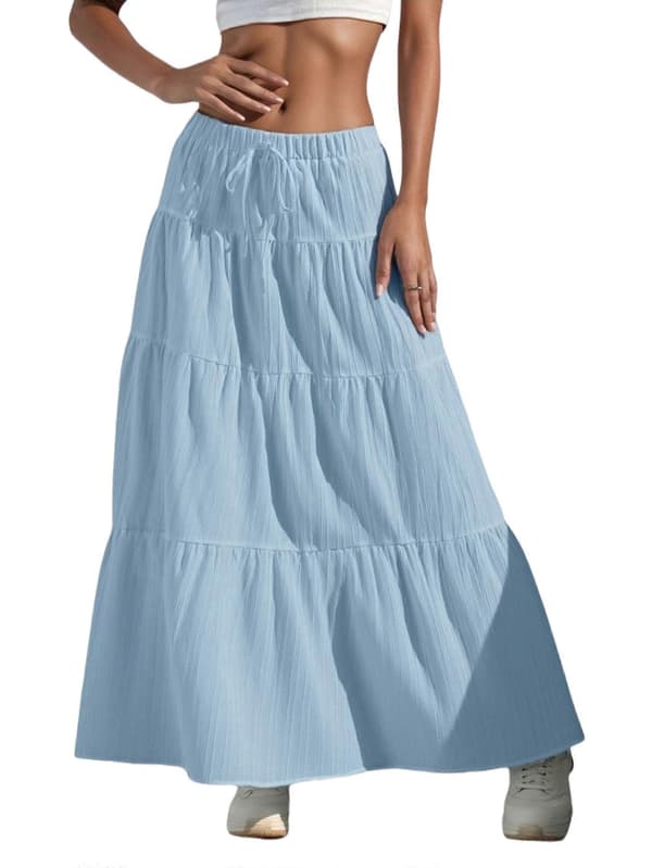 【BEMS】Boho Maxikjol för kvinnor, utsvängd volang, elastisk midja, sommar A-linje, lång kjol, himmelsblå S Sky blue S
