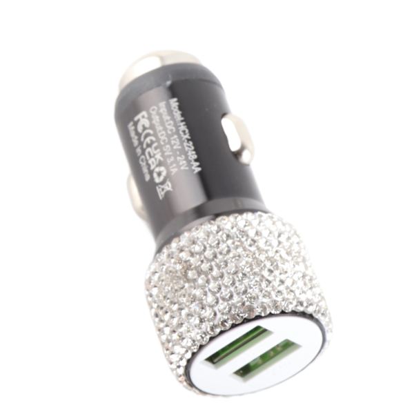 USB Billader 5V Rhinestone Dekoration Dual Port Hurtigopladningsadapter Bilinteriørtilbehør Hvid