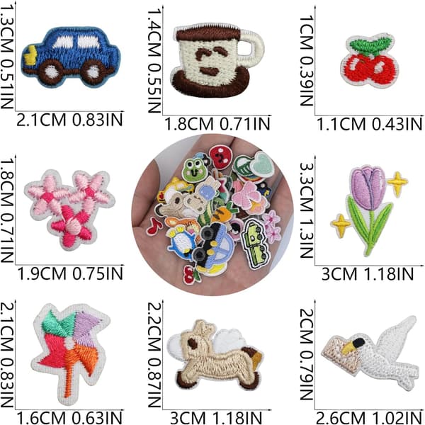 【BEMS】67 stk. små strygemærker, mini-blomst, bil, dyr, stofmærker, DIY pung, kort, taskepynt