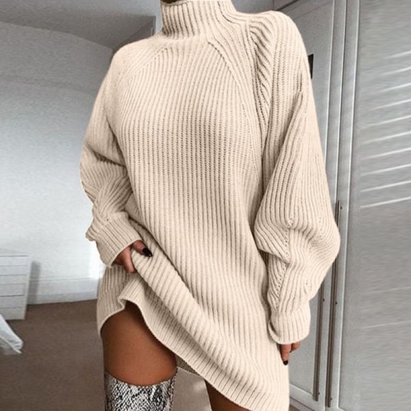 BE-Womens genserkjole Turtleneck Cable Knit Plus Size Party Sexy Minikjole Apricot color XXL