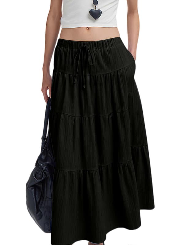 【BEMS】Kvinders Boho Flowy Maxi Nederdel Flared Ruffle Elastik Talje Sommer A-linje Forår Lange Nederdele Sort S Black S
