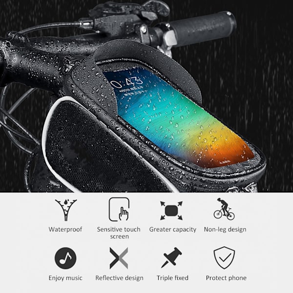 Cykelrammepose Vandafvisende Cykeltaske Touchscreen Taske med Hovedtelefonhul til Smartphone under 6,5 tommer