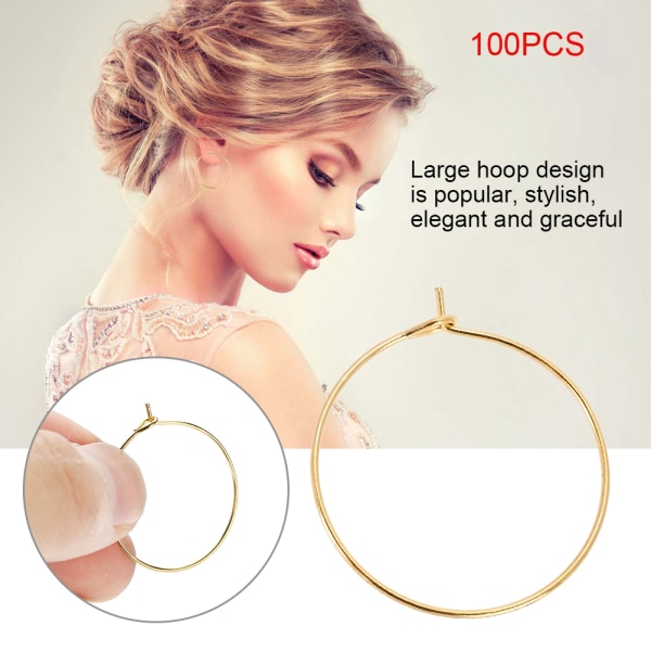 100 st Steel Circle Örhänge Loops Vinglas Hoop Ring Smycken (guld, 30 * 25 mm)-+