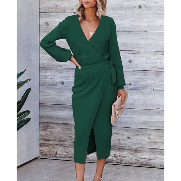 TIMH lang kjole til kvinder Elegant langærmet V-hals i ren farve med slidser strikket kjole med bælte Grøn XL