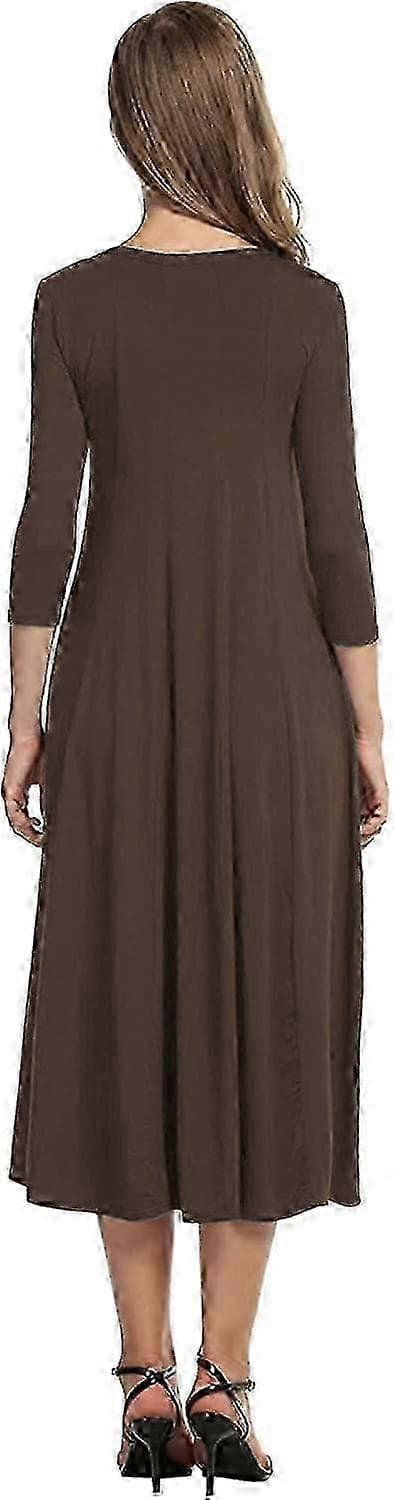 Damklänning med 3/4-ärmar och A-linjeform och utsvängd midiklänning_ms570d Brown 3XL