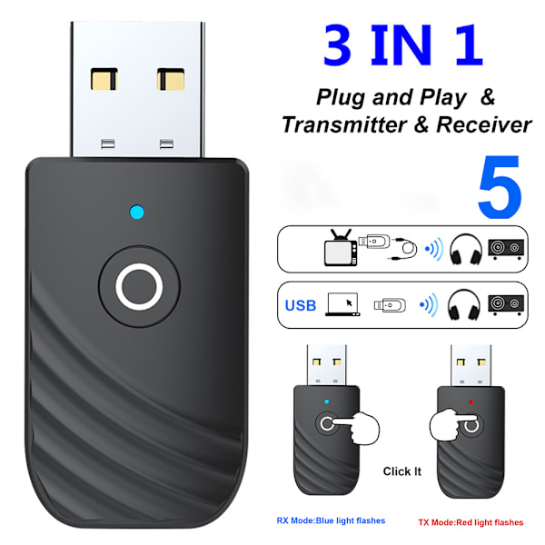 3-i-1 Sändare Mottagare Bluetooth 5.0 Mottagare Sändare Ljud Bluetooth-adapter